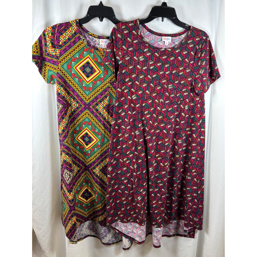 LulaRoe Carly Dress Bundle Lot of 2 Womens Medium Geometric Diamond High Low Hem